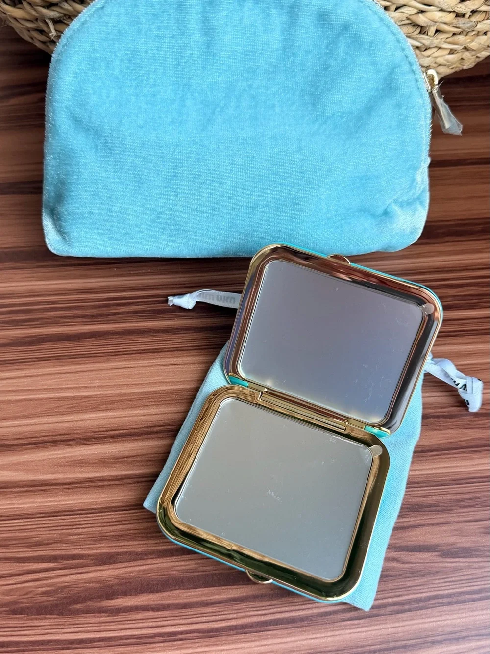 Miu Miu Turquoise Quilted Compact Mirror with Teal Velvet Pouch